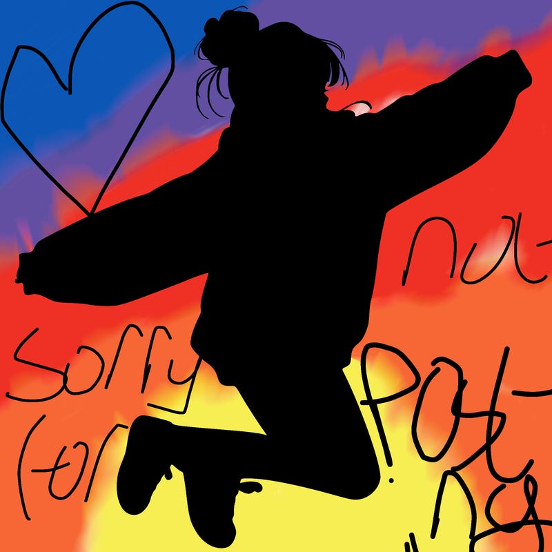 realistic girl jumping with a bun and oversized sweatshirt