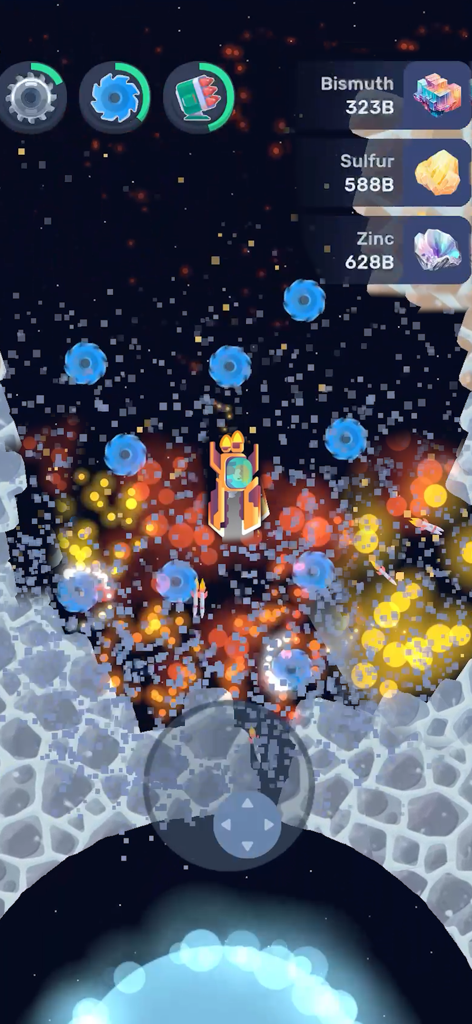 Planet Crusher: Mine & Attack - A spaceship drilling through a planet and collecting rare resources in Planet Crusher.