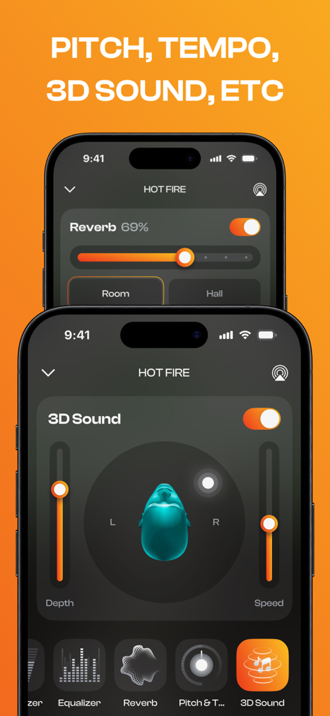 Bass Booster & Sound Equalizer - Interface showing 3D sound and reverb settings in the Bass Booster app