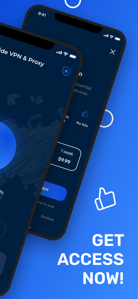 Interfaz de suscripción premium de la aplicación Hide VPN y Proxy en iPhone con plan semanal y sin anuncios