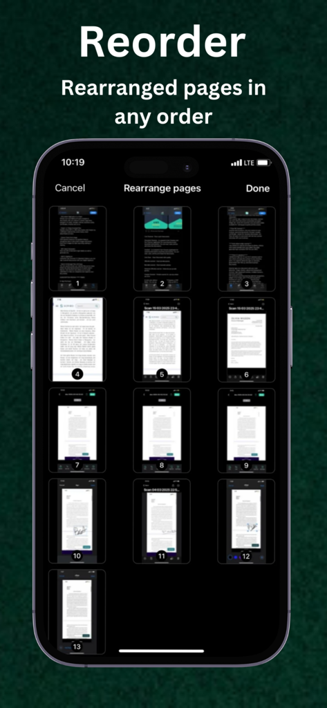PDF Maker : Photos to PDF App - Interfaz del iPhone mostrando una cuadrícula de miniaturas de documentos para reorganizar páginas PDF en cualquier orden