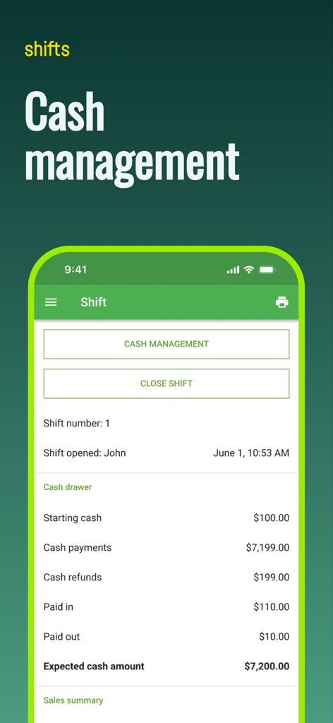 Interfaz móvil de Loyverse POS que muestra informes de gestión de efectivo y seguimiento de turnos