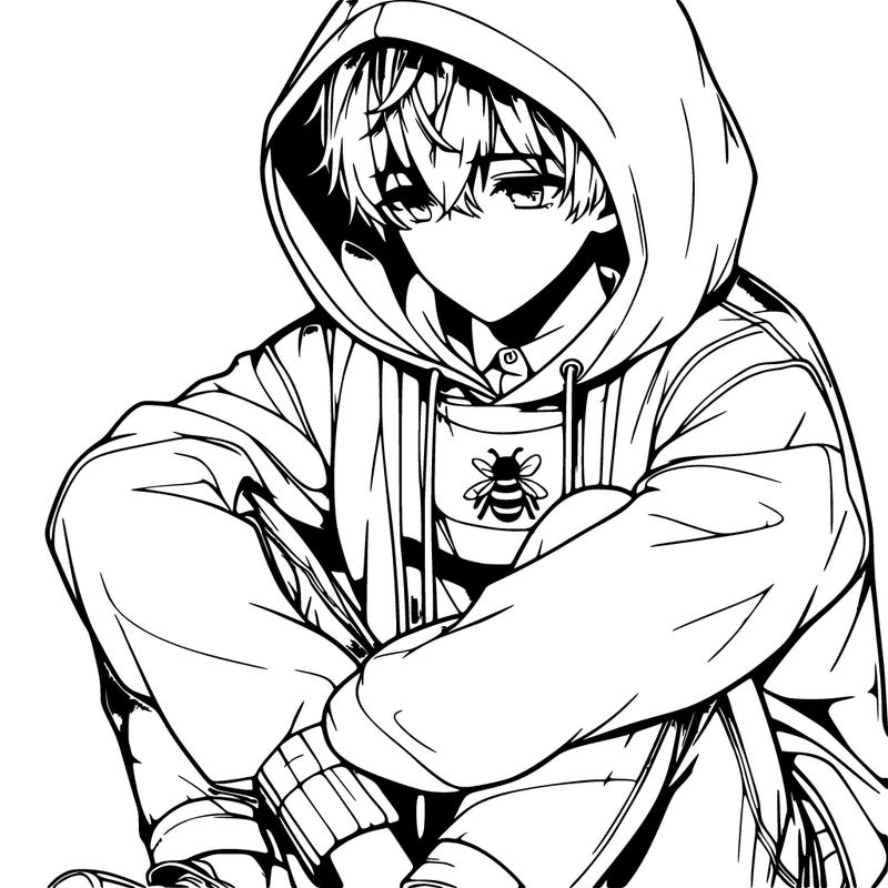 realistic anime boy sitting down with his hoodie bee his head looking down