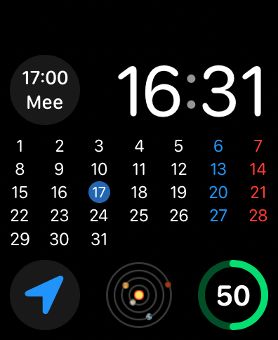CalCs コンプリケーションを使用して、完全な月間カレンダーグリッドと予約の詳細を表示する Apple Watch の文字盤