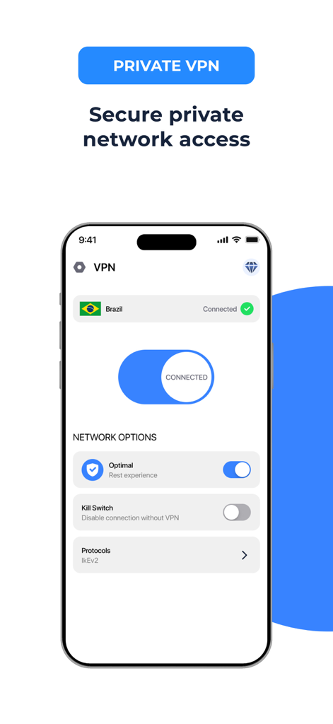 Interface de l'application d'authentification montrant l'écran d'accès au réseau VPN privé avec les options réseau et un statut de connexion sécurisée.