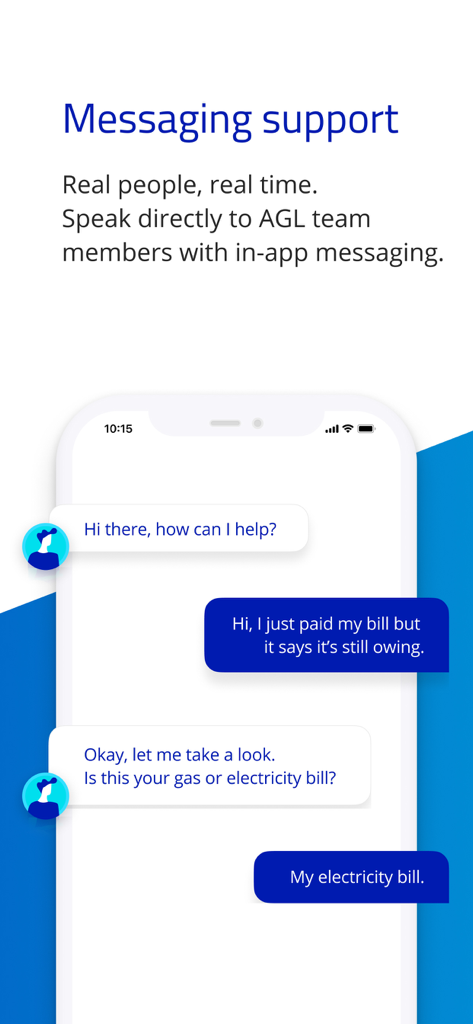 AGL App-Oberfläche für Messaging-Support, die einen Chat mit dem Kundenservice zeigt.