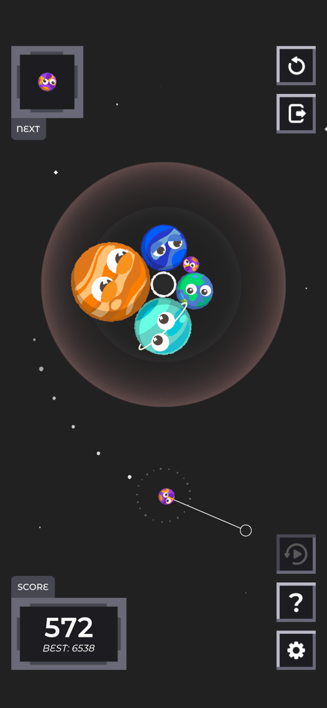 Gameplay screen of Sputnika Game showing cute planets merging in a circular gravity field.
