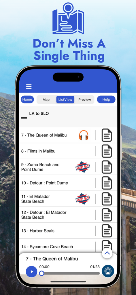 Mobile app interface showing a list of tour stops on the Pacific Coast Highway with audio narration options