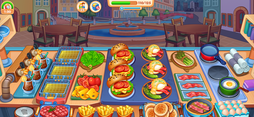 Cooking Star: American Food - A kitchen counter in Cooking Star American Food showing burgers and eggs benedict being prepared.