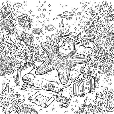 Discover a delightful deep-sea starfish on its dream vacation, lounging amidst coral reefs with suitcases and a snorkel. This enchanting coloring page invites you to bring an underwater holiday to life with your vibrant imagination.