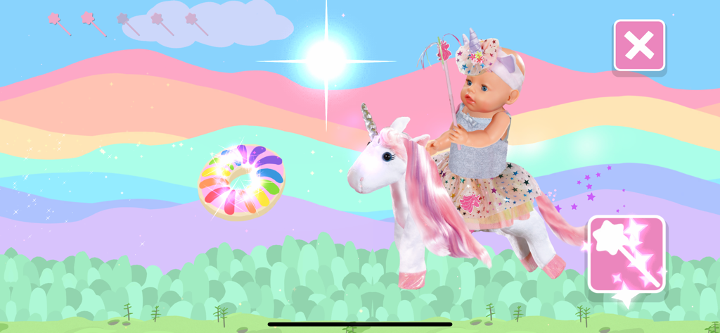BABY born® - A BABY born doll dressed as a fairy riding a plush unicorn through a magical rainbow landscape.
