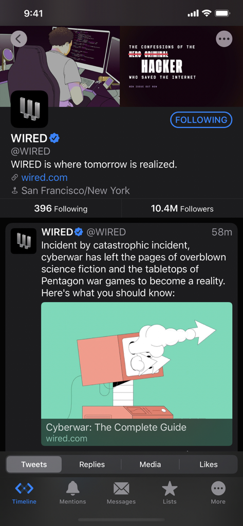 Screenshot of the Spring for Twitter app displaying the WIRED profile and a tweet in dark mode.