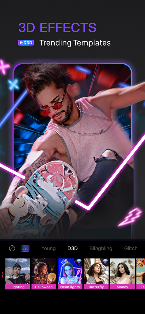 LoopArt - 3D Photo & Morph - LoopArt 모바일 앱 스크린샷, 3D 사진 효과와 인기 있는 네온 템플릿을 보여줌.