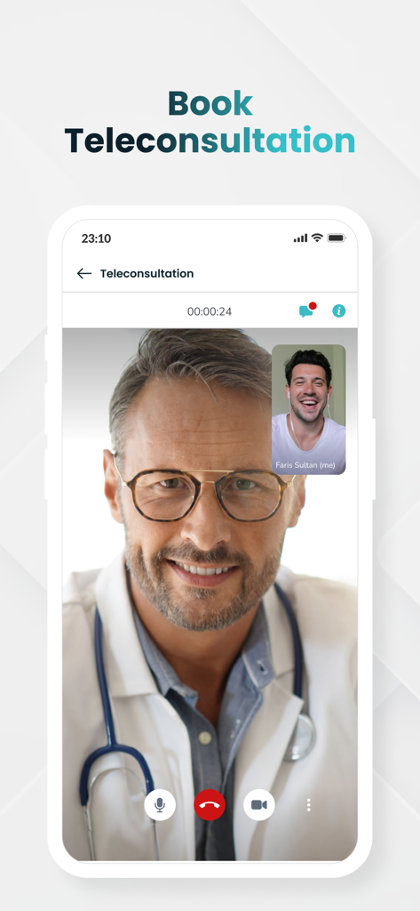 M42 - Interface of the M42 app showing a live video teleconsultation between a doctor and a patient.