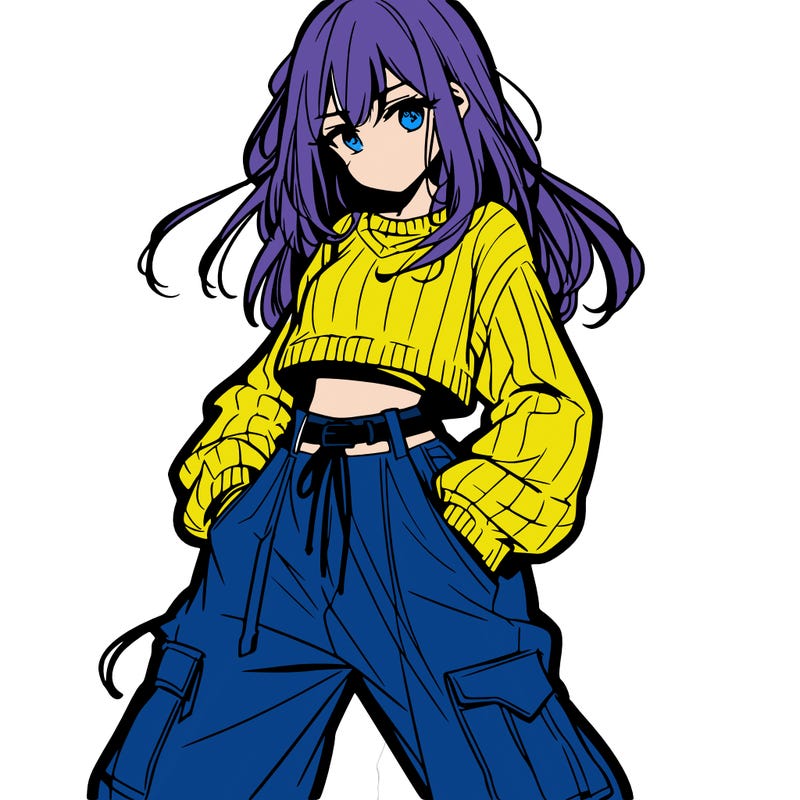 anime teen girl with baggy pants and crop top with sweater