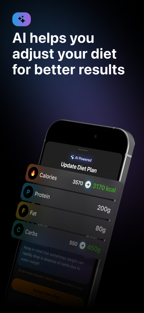 Ninja Fit: Ai Calorie tracker - Un smartphone montrant l'interface de l'application Ninja Fit pour une mise à jour de plan de régime par IA avec des ajustements pour les calories et les macronutriments