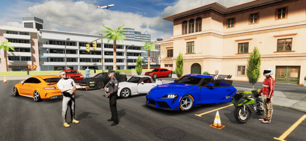 Real Car Parking : Multiplayer - Un encuentro de coches en Real Car Parking Multiplayer con vehículos personalizados y avatares de personajes en una ciudad de mundo abierto.