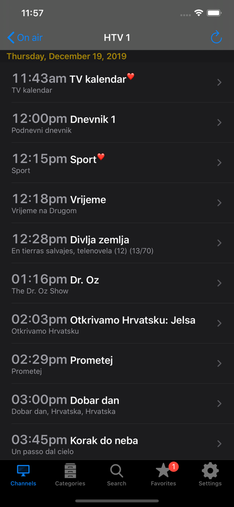 Croatian TV+ - Daily TV schedule for HTV 1 channel in the Croatian TV plus app
