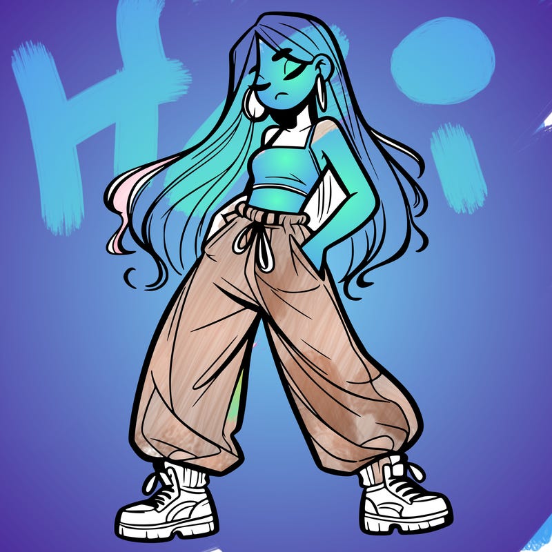 girl in baggy pants crop top and long hair