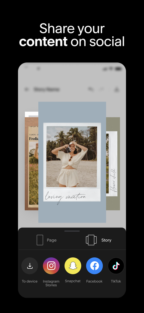 Eine mobile Benutzeroberfläche der Unfold App, die Optionen zum direkten Teilen von kreativen Inhalten auf Instagram, Snapchat, Facebook und TikTok anzeigt