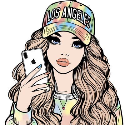 realistic beautiful girl wearing los ángeles cap holding an iphone