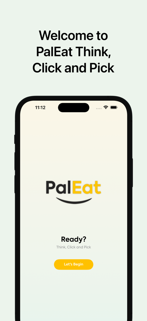 PalEat app welcome screen with a Let's Begin button