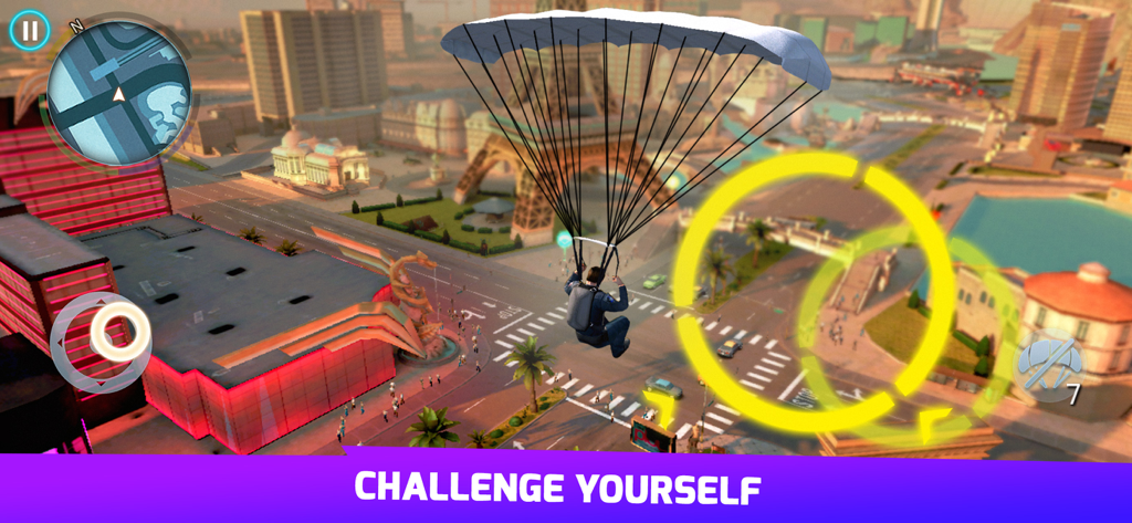 Gangstar Vegas - Mafia action - Personaje saltando en paracaídas a través de marcadores amarillos en Gangstar Vegas