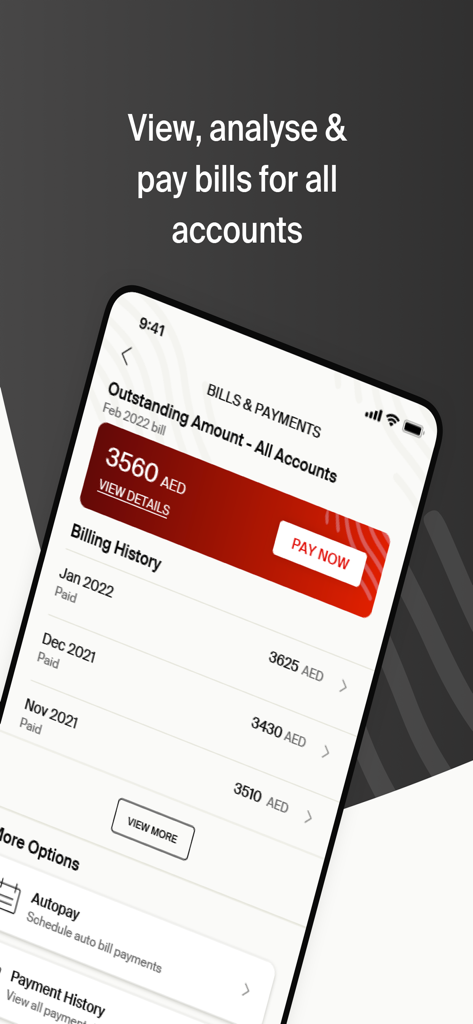 e& Business UAE - The Bills and Payments screen of the e and Business UAE app displaying outstanding amounts and billing history
