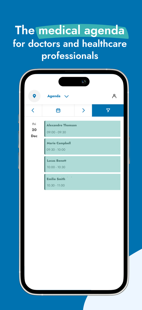 Doctena Pro mobile app interface showing a daily medical appointment agenda for healthcare professionals