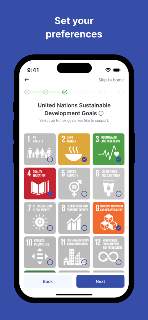 Pantalla móvil que muestra la selección de los Objetivos de Desarrollo Sostenible de las Naciones Unidas en la aplicación gudppl