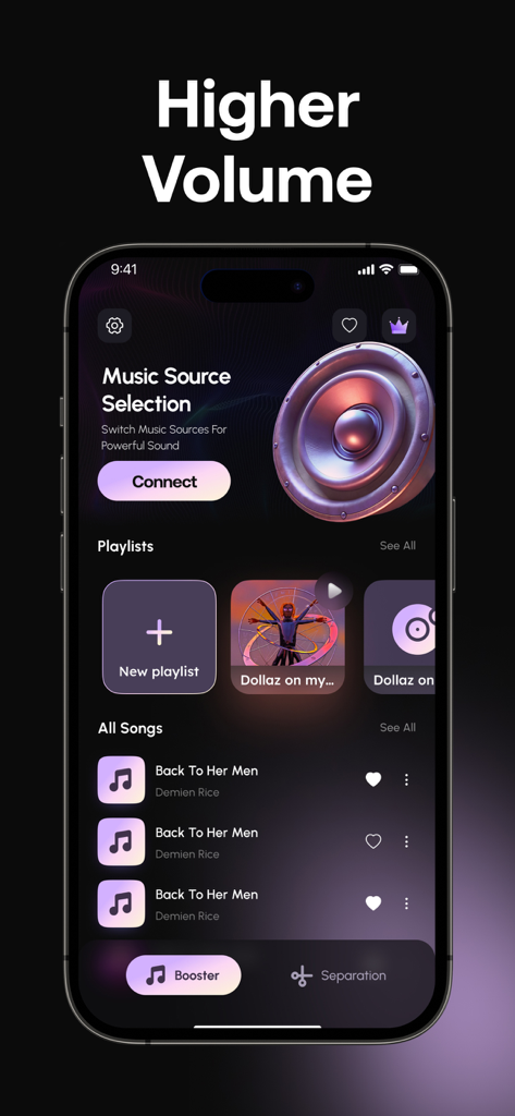 Sound Boost: Enhance & Isolate - Interface of the Sound Boost app on a smartphone showing music source selection and volume enhancement features.