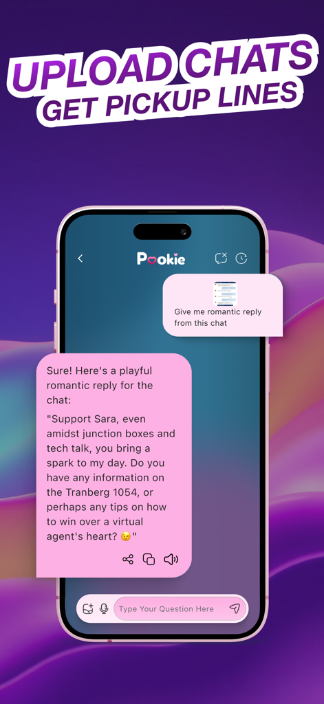 AI dating assistant app interface generating a romantic reply based on an uploaded chat screenshot.