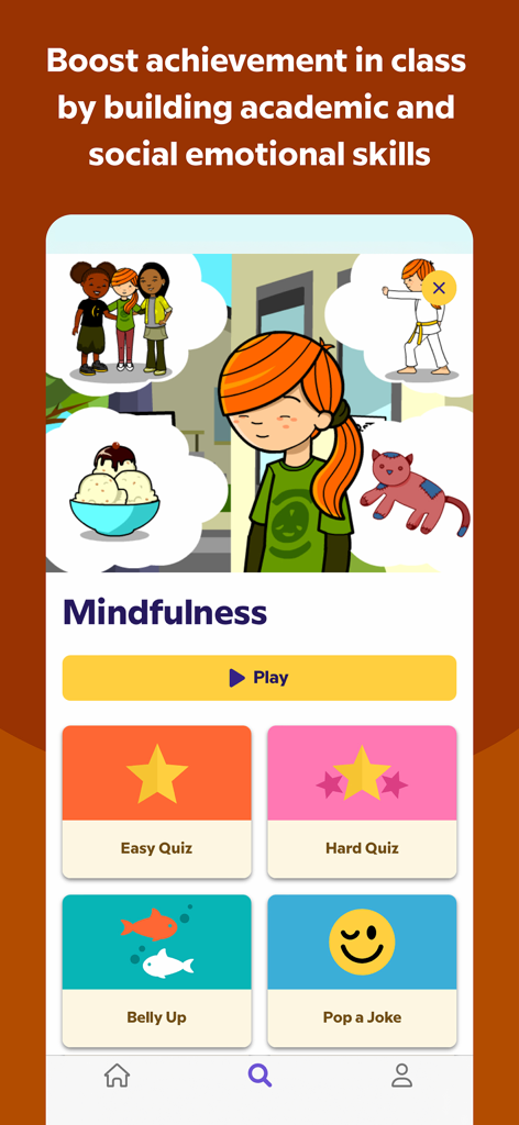 BrainPOP Jr. - Interfaz de la aplicación BrainPOP Jr. para lecciones de mindfulness que presenta cuestionarios educativos y actividades de aprendizaje socioemocional