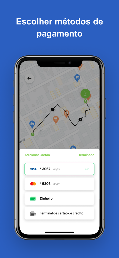 Pantalla de la aplicación de taxi Livre que muestra opciones de pago, incluyendo tarjeta de crédito y efectivo, para viajes en Minas Gerais Brasil