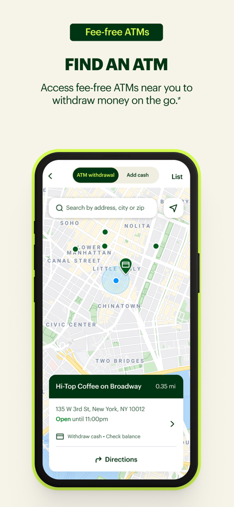 Spruce – Mobile banking - Map view in the Spruce mobile banking app showing fee-free ATM locations nearby