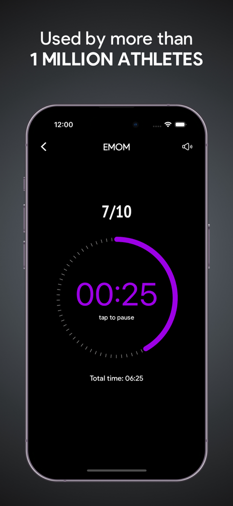 SmartWOD Timer app interface showing an EMOM workout clock with 7 of 10 rounds completed