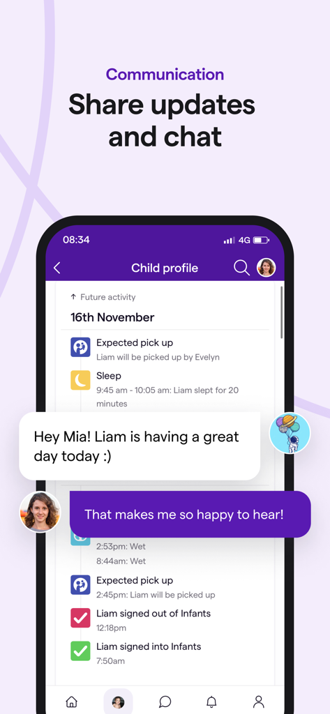 Famly app interface showing a child profile with daily activity updates and a real-time chat between a parent and a staff member.