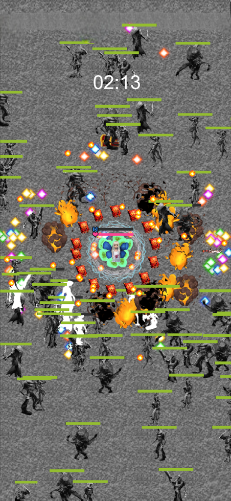 Mariam Game - Mariam Game action mode showing the main character fighting a swarm of enemies with a timer