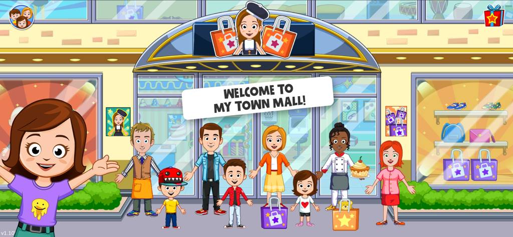 My Town : Shopping Mall - A group of diverse cartoon characters standing in front of the My Town Shopping Mall entrance with a welcome sign