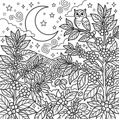 Explore the calming beauty of coffee plants under a mystical night sky. This detailed coloring page features an owl perched on a branch amidst lush foliage, a crescent moon, and twinkling stars, offering a unique blend of nature and nocturnal wonder.