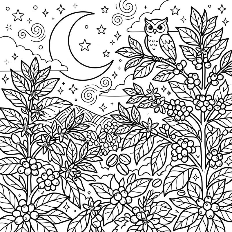 Explore the calming beauty of coffee plants under a mystical night sky. This detailed coloring page features an owl perched on a branch amidst lush foliage, a crescent moon, and twinkling stars, offering a unique blend of nature and nocturnal wonder.