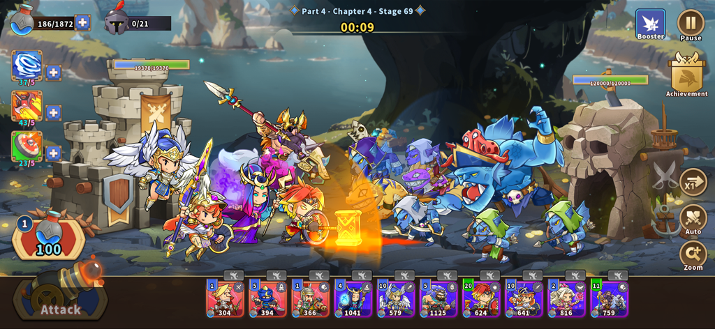 Jugabilidad de Castle War Defense mostrando héroes defendiendo un castillo contra monstruos azules en una batalla táctica