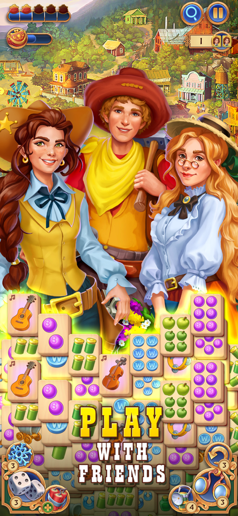 Sheriff of Mahjong: Tile Games - Wild West mahjong solitaire game screen with characters and tile board