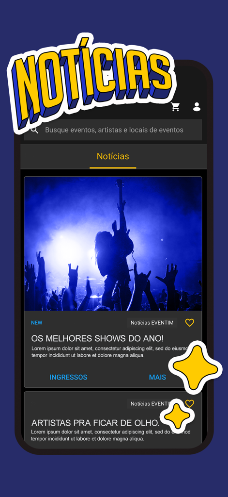 EVENTIM Brasil - Mobile app screen showing the news feed section of EVENTIM Brasil with concert highlights and artist news.