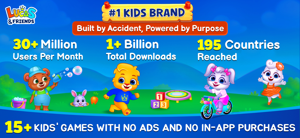 Promotional banner highlighting 1 billion downloads and no ads for Lucas and Friends educational games.