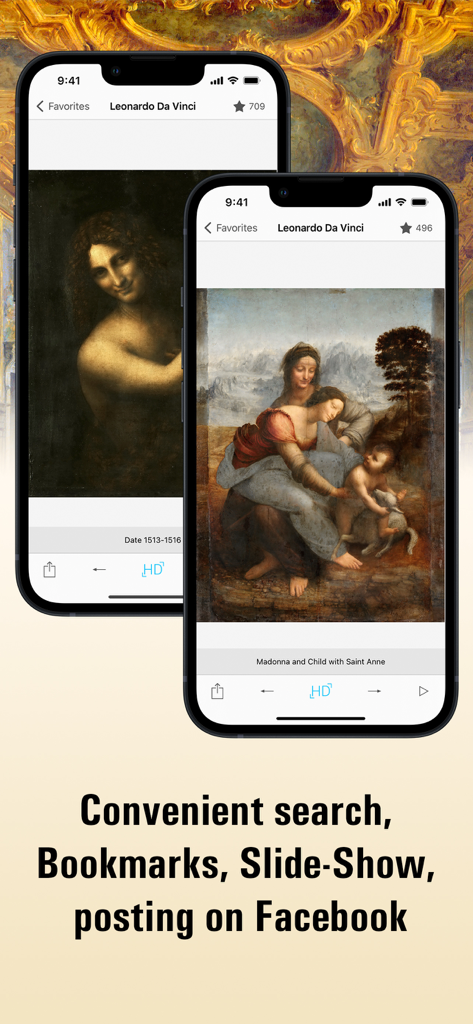 Louvre HD - Two iPhones displaying Leonardo Da Vinci paintings within the Louvre HD app interface featuring high resolution viewing and search options