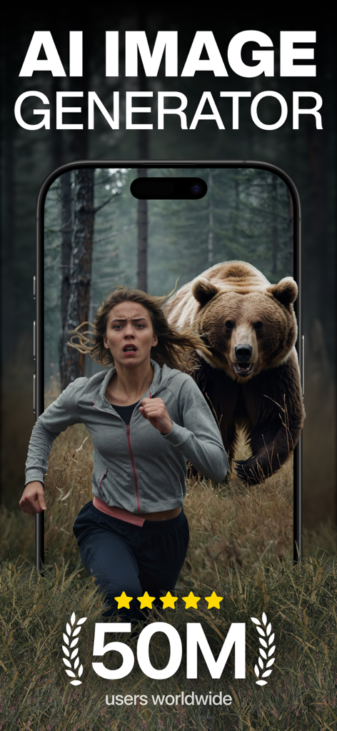 Aplicación generadora de imágenes IA que muestra una foto realista de una mujer corriendo de un oso.