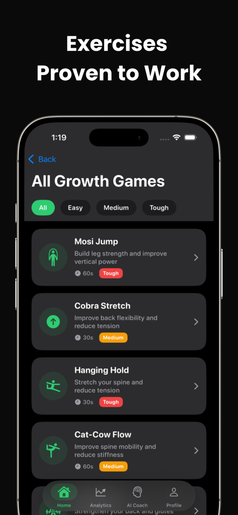 HowTall - AI Height Predictor - Mobile app interface showing a list of growth games and exercises like Mosi Jump and Cobra Stretch to help increase height