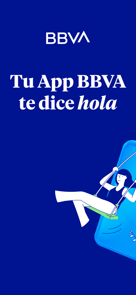 BBVA Colombia | Banca Móvil - Écran d'accueil de l'application bancaire mobile BBVA Colombie, présentant une illustration d'une personne se balançant depuis un smartphone.