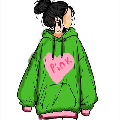realistic girl with a oversized sweatshirt on and a bun